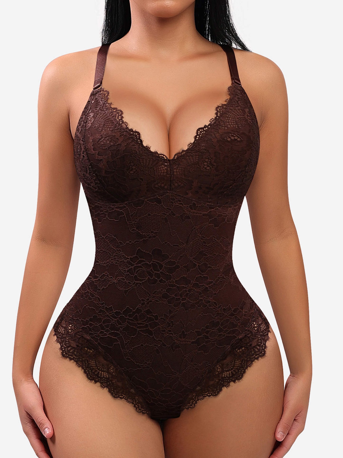 LaceLux™ hel bodysuit med blonder med V-hals